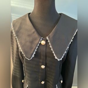 Black Pearl Button Down Dress with White Lace Trim